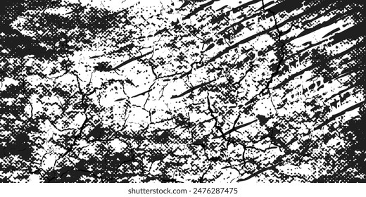 Fondo angustiado en textura en blanco y negro con puntos, manchas, arañazos y líneas. Ilustración vectorial Abstractas