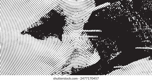 Bedrückter Hintergrund in schwarz-weißer Textur mit Kreisen, Flecken, Kratzern und Linien. Abstrakte Vektorillustration.