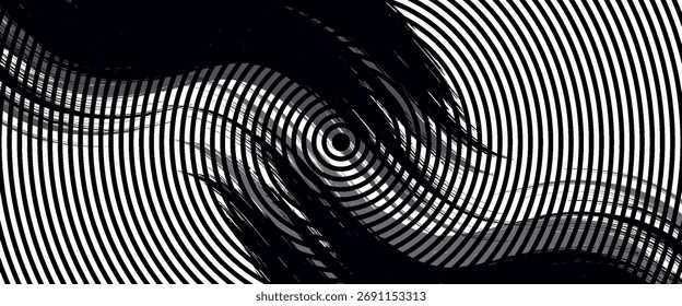 Distressed background in black and white texture with circles, spots, scratches, and lines. Abstract vector illustration.

