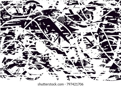 Distressed background in black and white texture with  dark spots, scratches and lines. Abstract vector illustration