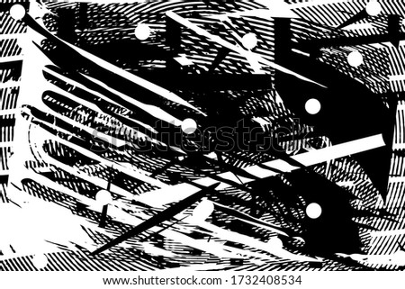 Distressed background in black and white texture with dots, spots, scratches and lines. Abstract vector illustration