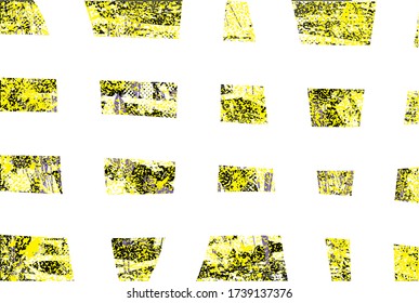 Distressed background in black, yellow, grey, violet and white texture with dots, spots, scratches and lines. Abstract vector illustration.