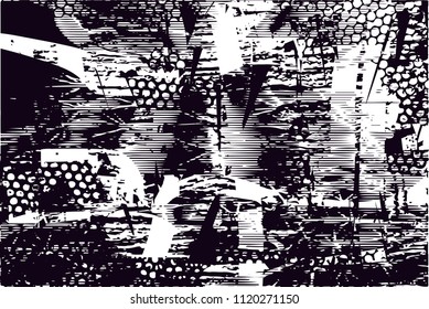 Distressed background of cacti in black and white texture with  dark spots, scratches and lines. Abstract vector illustration