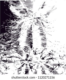 Distressed background of cacti in black and white texture with  dark spots, scratches and lines. Abstract vector illustration