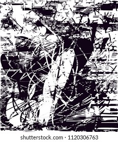 Distressed background of cacti in black and white texture with  dark spots, scratches and lines. Abstract vector illustration