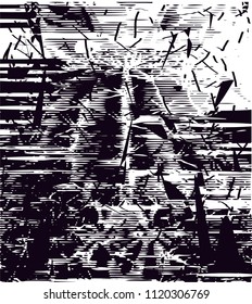 Distressed background of cacti in black and white texture with  dark spots, scratches and lines. Abstract vector illustration