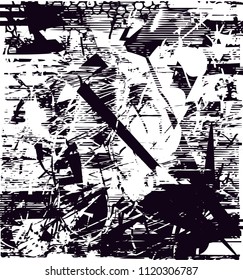 Distressed background of cacti in black and white texture with  dark spots, scratches and lines. Abstract vector illustration