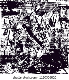 Distressed background of cacti in black and white texture with  dark spots, scratches and lines. Abstract vector illustration