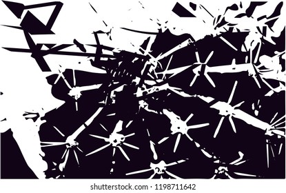 Distressed background from cacti in black and white texture with  dark spots, scratches and lines. Abstract vector illustration
