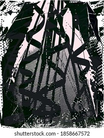 Fondo perturbado en textura rosa pálido, negro y blanco con puntos, puntos, arañazos y líneas. Ilustración del vector abstracto.