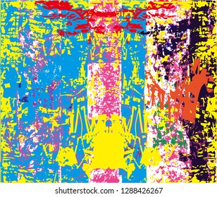 Distressed background in purple, green, violet, blue,yellow and white texture with  dark spots, nets,scratches and lines. Abstract vector illustration