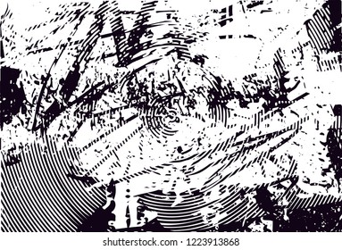 Distressed background of street with trees in black and white texture with dots, spots, scratches and circles.  Vector illustration