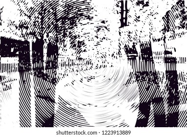 Distressed background of street with trees in black and white texture with dots, spots, scratches and circles.  Vector illustration