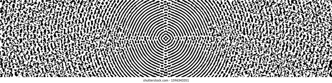 Distressed background texture with concentric circles, spots, scratches and lines, abstract vector illustration in black and white