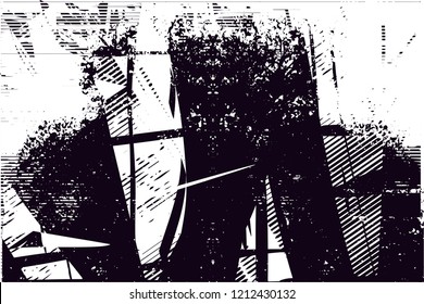 Distressed background from tree in black and white texture with dots, spots, scratches and lines. Abstract vector illustration