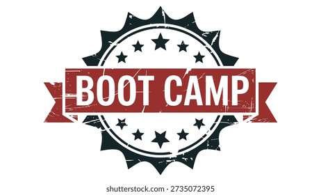 Distressed badge design with bold text “BOOT CAMP” on rugged red banner over circular gear background with stars symbolizing toughness, discipline, and training