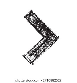Vetor de seta grunge preta angustiada. Ponteiro direito texturizado abstrato e sinal de maior que para elementos de direção, navegação e design urbano.
