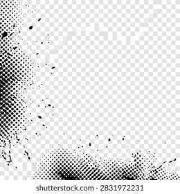 A distressed black halftone pattern with ink splatters and spray paint textures creates a grungy corner border on a transparent background.