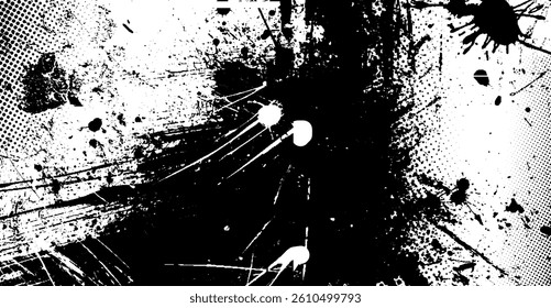 Distressed black ink brush strokes and grunge texture background, black and white vector illustration.