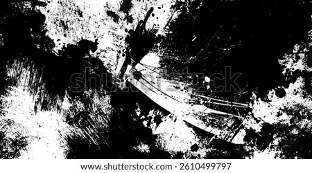 Distressed black ink brush strokes and grunge texture background, black and white vector illustration.