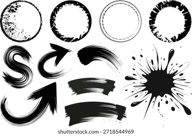 Elementos de tinta negra afligidos Círculos de pinceladas y salpicaduras