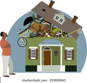 Distressed black man looking at a house bursting with stuff, vector illustration, EPS 8