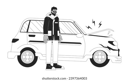 Distressed black man near damaged vehicle black and white 2D line cartoon character. Unhappy african american guy isolated vector outline person. Car accident monochromatic flat spot illustration