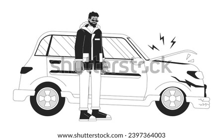 Distressed black man near damaged vehicle black and white 2D line cartoon character. Unhappy african american guy isolated vector outline person. Car accident monochromatic flat spot illustration