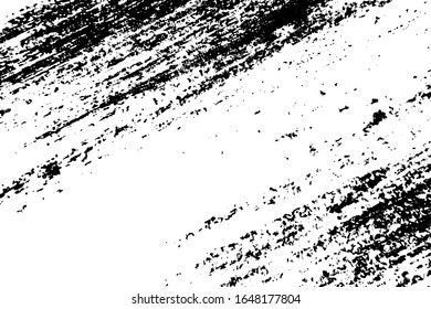 Distressed black overlay texture. Grunge dark messy background. Dirty empty cover template. Ink brushed renovate wall backdrop. Insane aging design element. EPS10 vector.