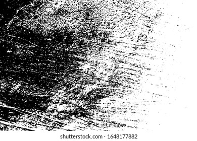 Distressed black overlay texture. Grunge dark messy background. Dirty empty cover template. Ink brushed renovate wall backdrop. Insane aging design element. EPS10 vector.