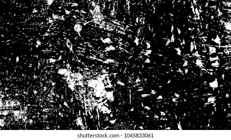 Distressed black overlay wide screen format texture. Grunge dark messy background. Dirty empty cover template. Ink brushed renovate wall backdrop. Insane aging design element. EPS10 vector.