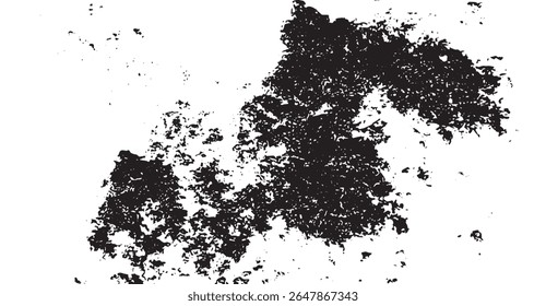 Distressed black texture overlay with splattered grunge effect on a white background, featuring rough shapes and a gritty, weathered appearance ideal for adding depth to designs