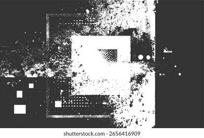 Distressed black and white abstract composition with geometric shapes and textured elements.