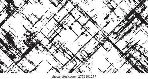 A distressed black and white background featuring a pattern of intersecting diagonal lines and rough, scratched textures, creating a grunge aesthetic.
