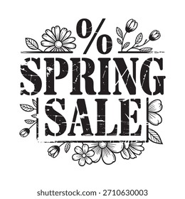 Un gráfico en blanco y negro angustiado que anuncia una venta de primavera con ilustraciones florales y un símbolo porcentual.