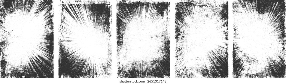 Uma textura grunge em preto e branco angustiada com linhas radiantes e manchas dispersas.