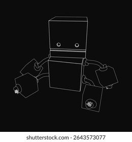 A distressed black and white robot with outstretched arms, covered in tags, appears to be searching for something on a dark mysterious background. The illustration evokes a sense of urgency.