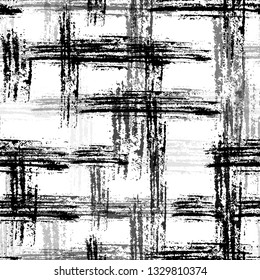 Distressed Black and White Seamless Background. Dry Brush Overlay Texture. Distressed Messy Check Cloth Pattern. Grunge Smear Swatch Texture.