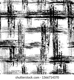 Distressed Black and White Seamless Background. Dry Brush Overlay Texture. Distressed Messy Check Cloth Pattern. Fashion Textile Print Design.