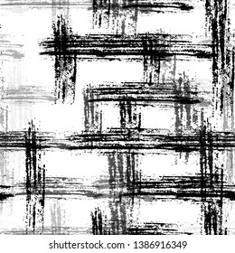 Distressed Black and White Seamless Background. Dry Brush Overlay Texture. Rough Scratched Cloth Pattern. Grunge Smear Swatch Texture.