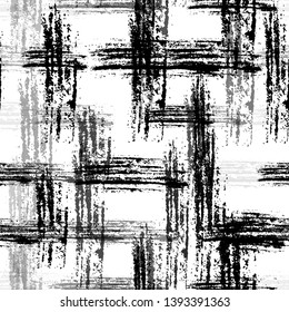 Distressed Black and White Seamless Background. Hand Drawn Textile Texture. Rough Scratched Cloth Pattern. Modern Plaid Texture Design.