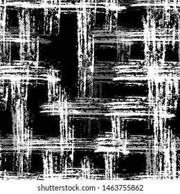 Distressed Black and White Seamless Background. Hand Drawn Textile Texture. Checkered Old Metal Background. Modern Plaid Texture Design.