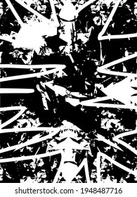 Distressed black and white texture background with dots, spots, scratches, and lines. Abstract vector illustration.