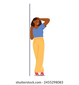 Distressed Black Woman Rests Against A Wall, Her Posture Conveying Sorrow Or Frustration. Female Character Wearing T-shirt and Pants Seeking Solace Or A Moment Of Respite. Cartoon Vector Illustration