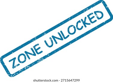 Efecto de sello de goma azul afligido que muestra el mensaje 'ZONA DESBLOQUEADA' en una superficie blanca limpia, lo que significa acceso abierto o libertad.