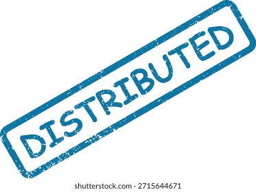 Uma impressão de carimbo azul angustiado mostrando a palavra "DISTRIBUTED" em um contorno retangular, em um fundo branco limpo.