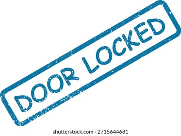 Una impresión de sello de goma azul afligido que muestra la frase "PUERTA CERRADA" dentro de un contorno rectangular, en ángulo sobre un fondo blanco limpio.