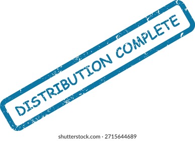 Una impresión de sello de goma azul afligido con la frase "DISTRIBUCIÓN COMPLETA" dentro de un contorno rectangular, en ángulo sobre un fondo blanco limpio.