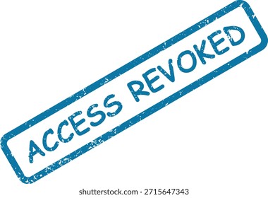Un sello de goma azul angustiado marca un documento con "ACCESO REVOCADO", que indica la cancelación de la entrada o privilegios.