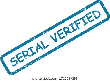 Sello de goma azul angustiado que dice 'SERIAL VERIFIED' en diagonal sobre blanco. Perfecto para ilustrar validación o Estado confirmado.